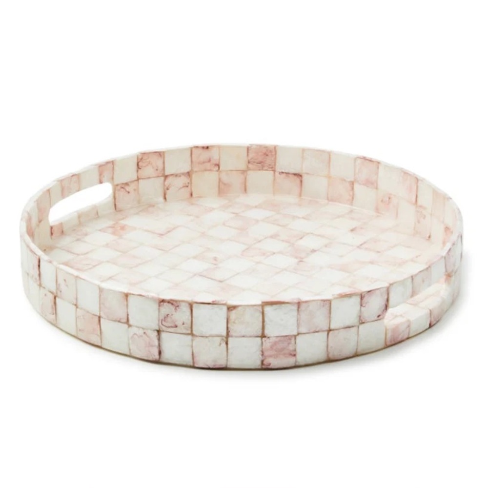 MacKenzie-Childs Pink and Cream Checkered Round Serving Tray